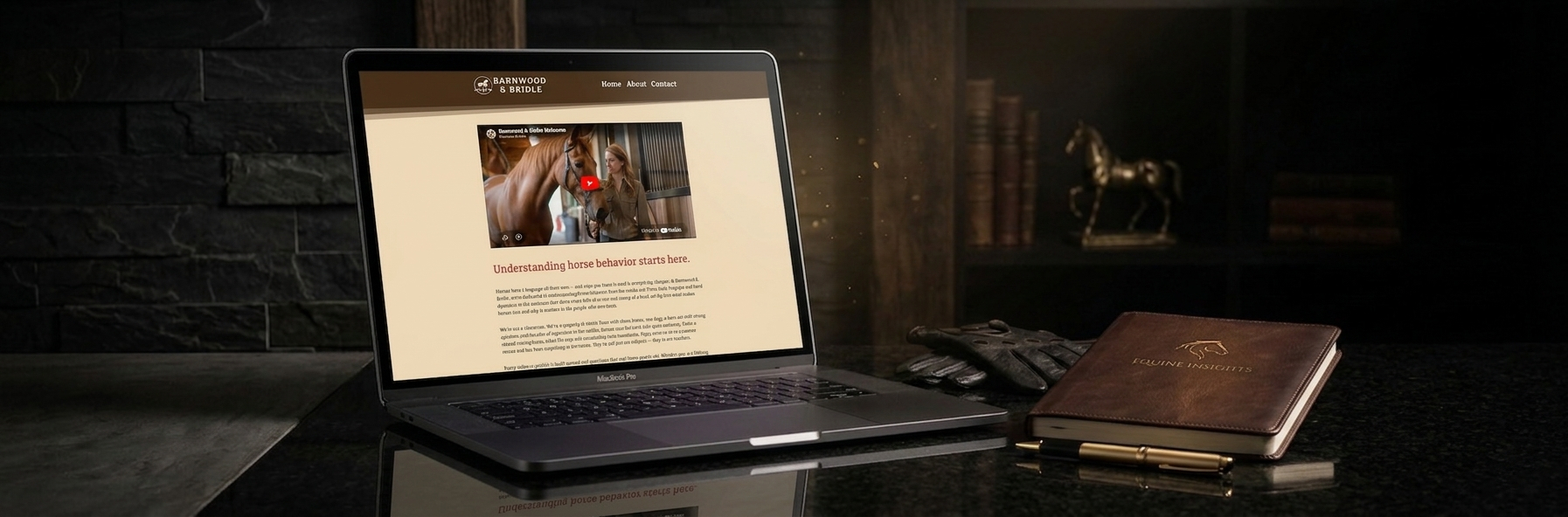 Barnwood & Bridle website displayed on laptop in dark equestrian studio setting — web design by Equestrian Design Solutions