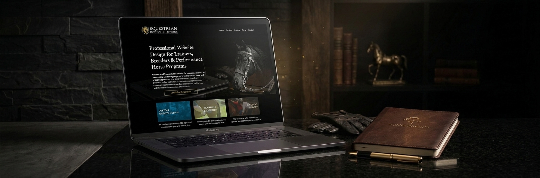 Equestrian Design Solutions website displayed on laptop in dark equestrian studio setting — web design by Equestrian Design Solutions