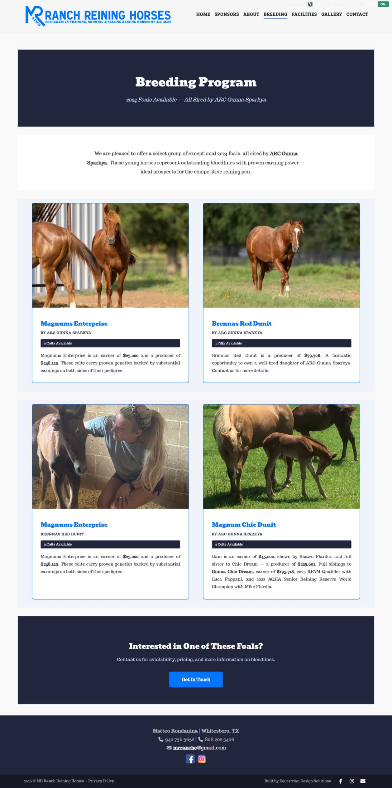 MR Ranch Reining Horses breeding program page — stallion profiles and reproduction services layout by Equestrian Design Solutions