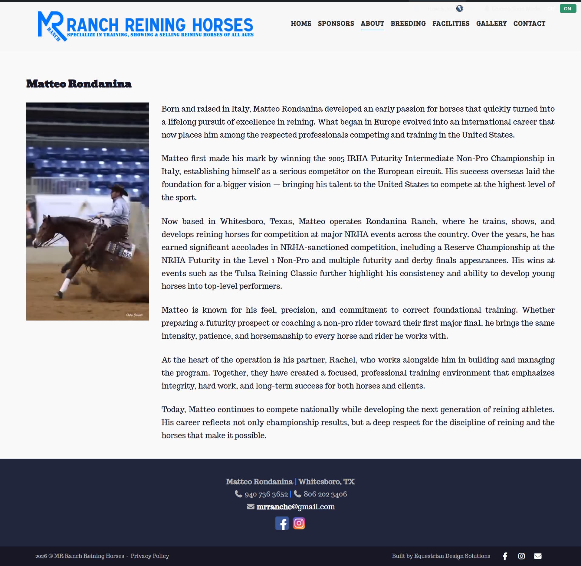 MR Ranch Reining Horses about page — Matteo Rondanina riding career highlights and biography layout