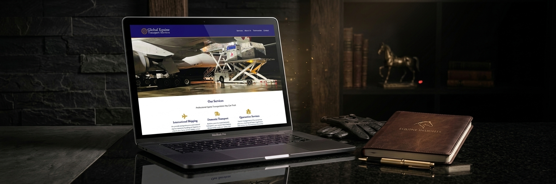 Global Equine Transportation Services website displayed on laptop in dark equestrian studio setting — web design by Equestrian Design Solutions
