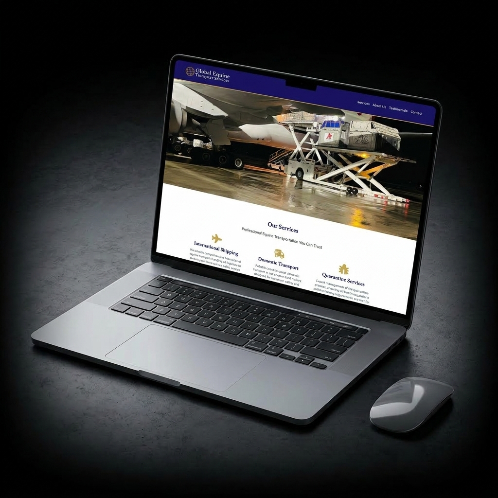 Global Equine Transport Services website on laptop mockup — ready to build your digital arena CTA by Equestrian Design Solutions