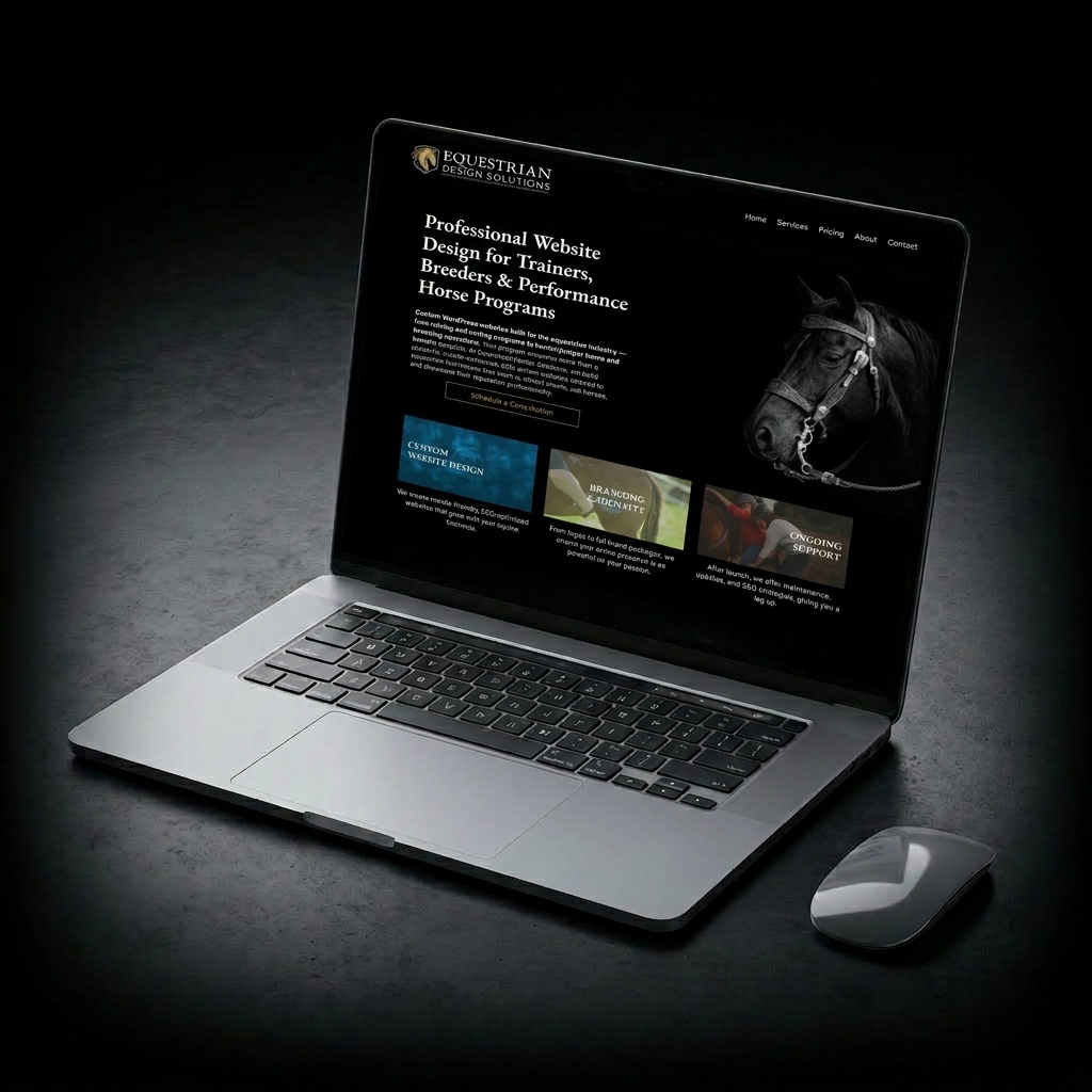 Equine Design Solutions website on laptop mockup — ready to build your digital arena CTA by Equestrian Design Solutions