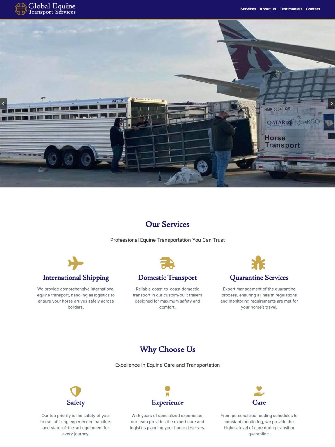 lobal Equine Transport Services website — horse trailer on international airport tarmac, hero slider design by Equestrian Design Solutions