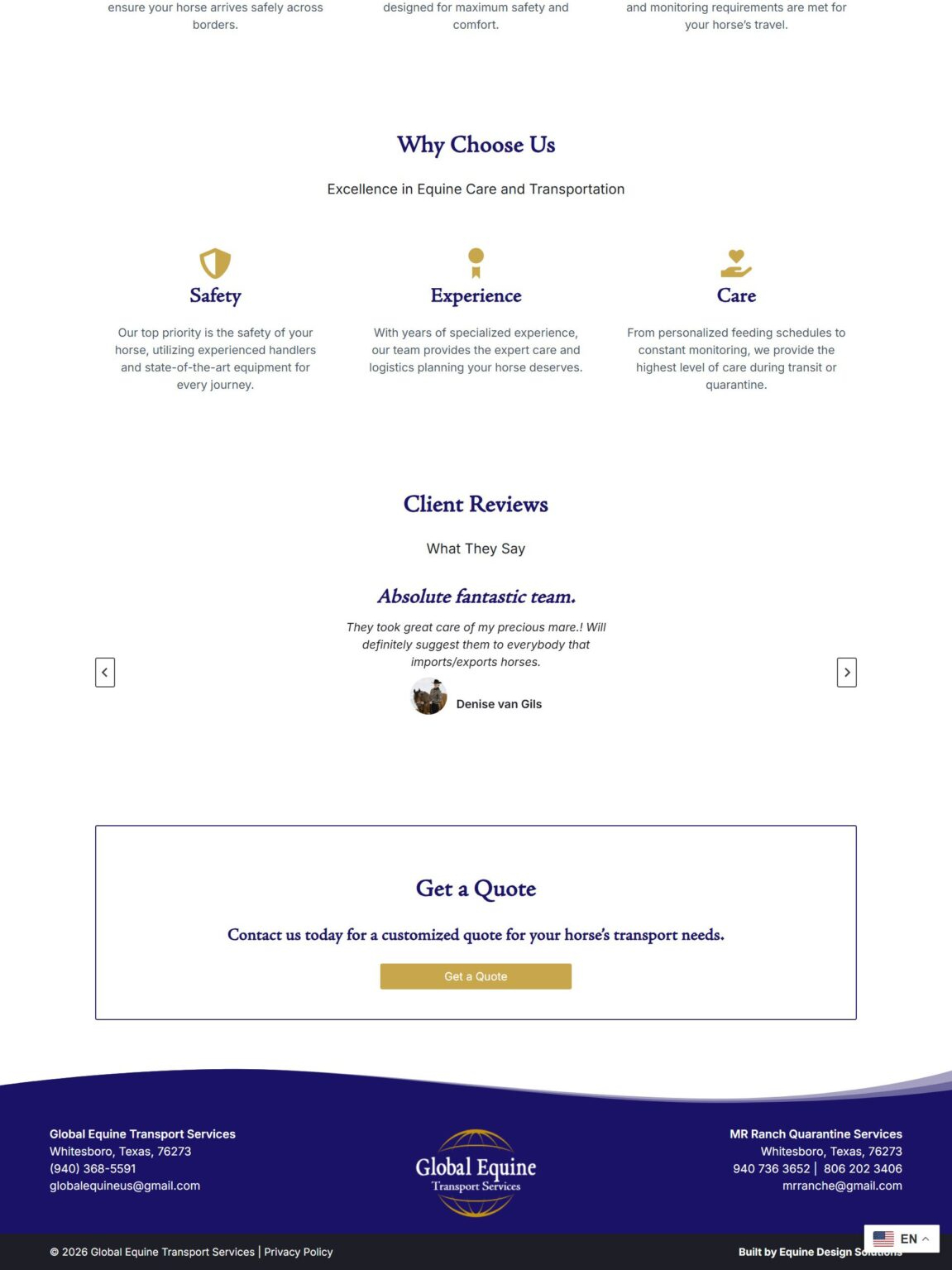 Global Equine Transport Services website services section — international shipping, domestic transport and quarantine management layout