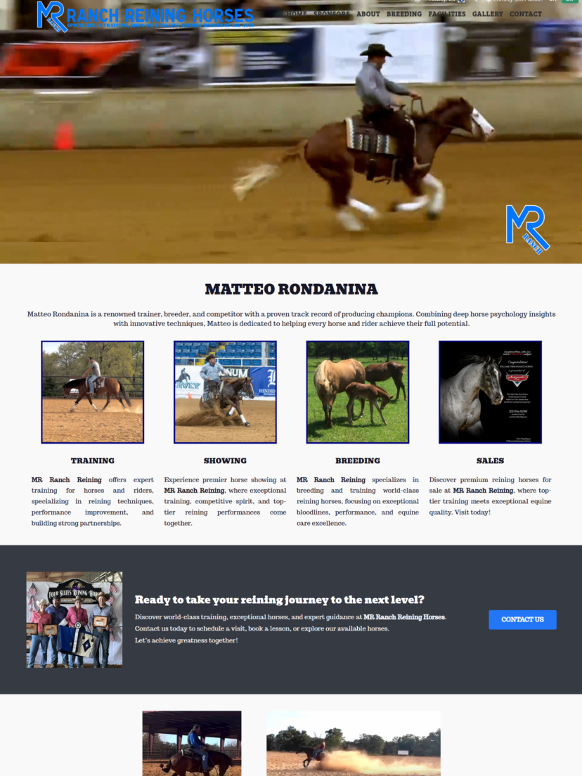 MR Ranch Reining Horses hero video — Matteo Rondanina and horse in action, full-screen autoplay design by EDS