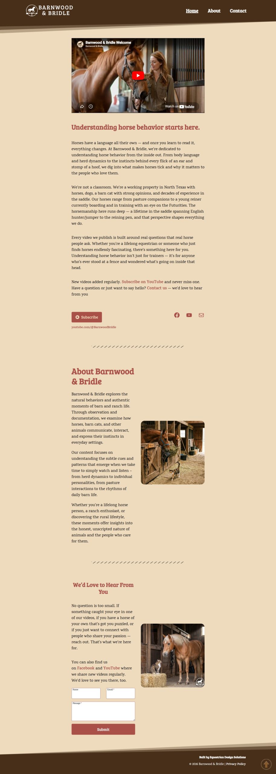 Barnwood & Bridle homepage — horse behavior content brand website designed by Equestrian Design Solutions