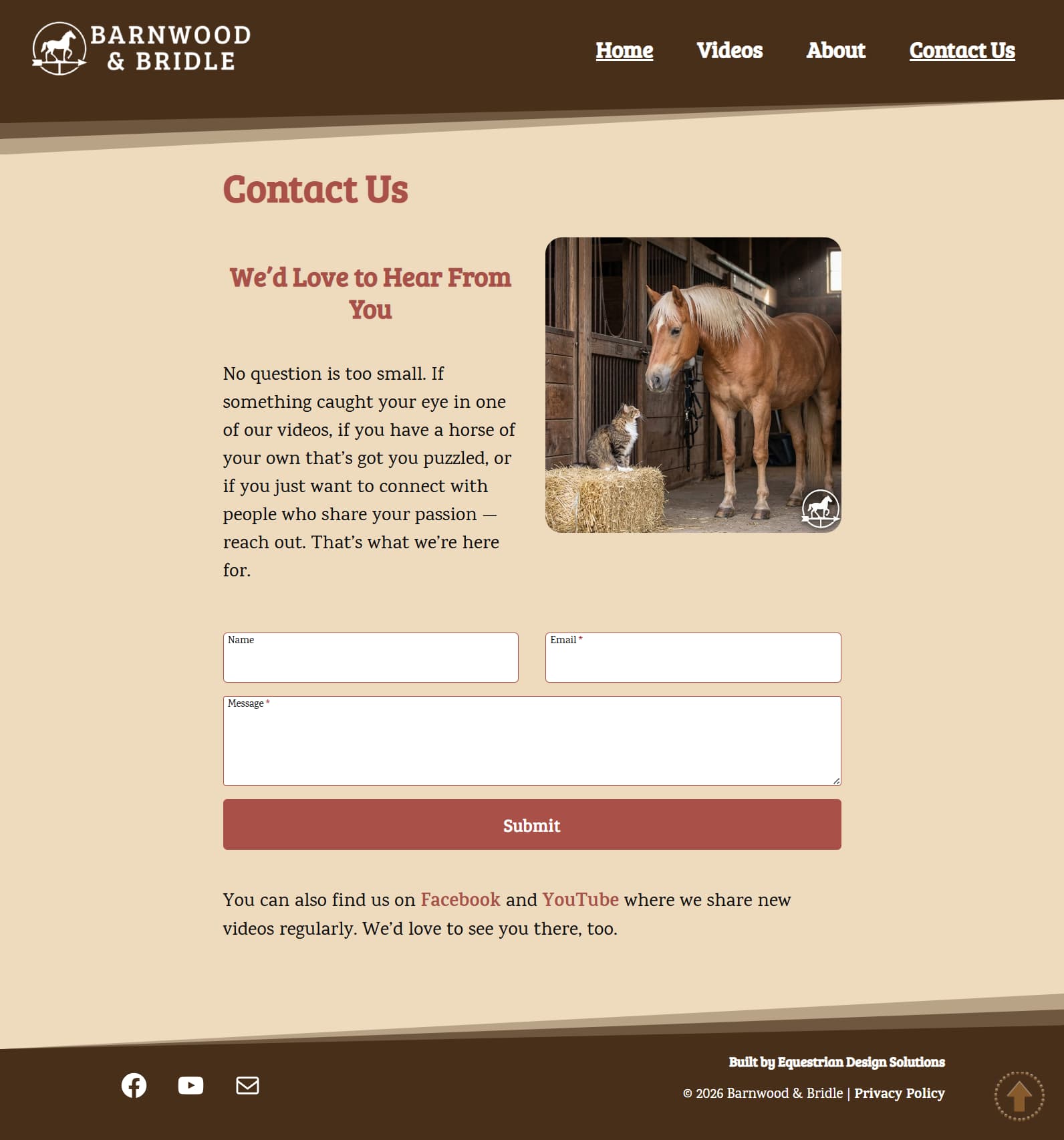 Barnwood & Bridle contact section — clean form design with barn photography by Equestrian Design Solutions