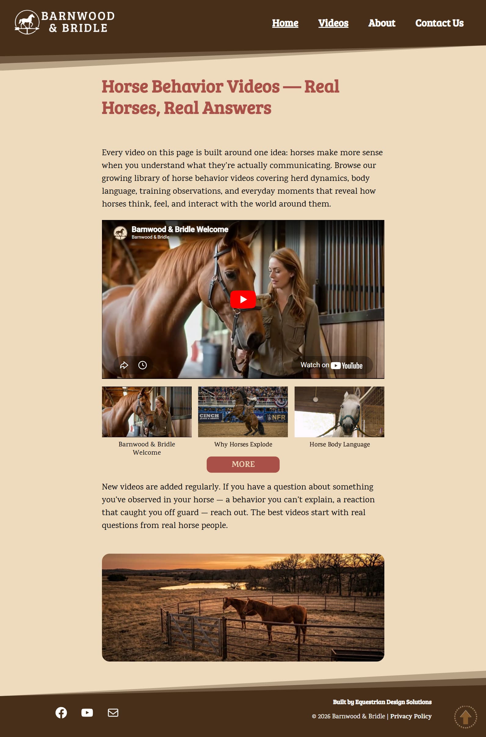 Barnwood & Bridle video section — YouTube gallery with featured video and thumbnails