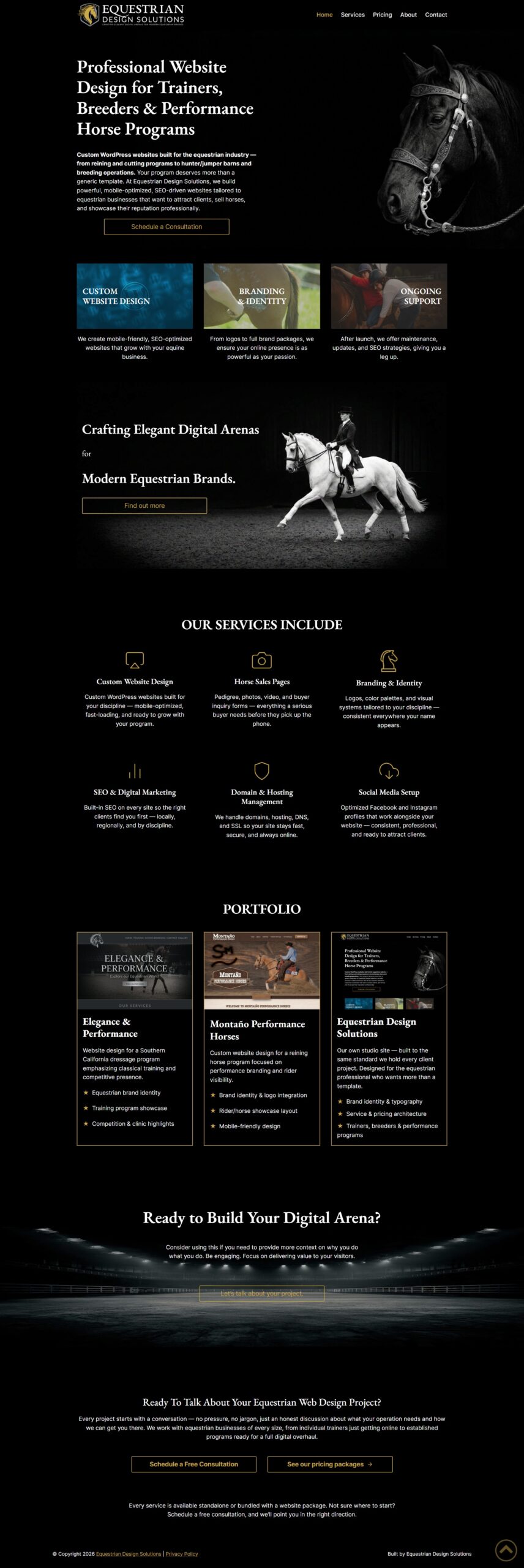 Equestrian Design Solutions homepage — dark gold brand identity and hero section designed by EDS