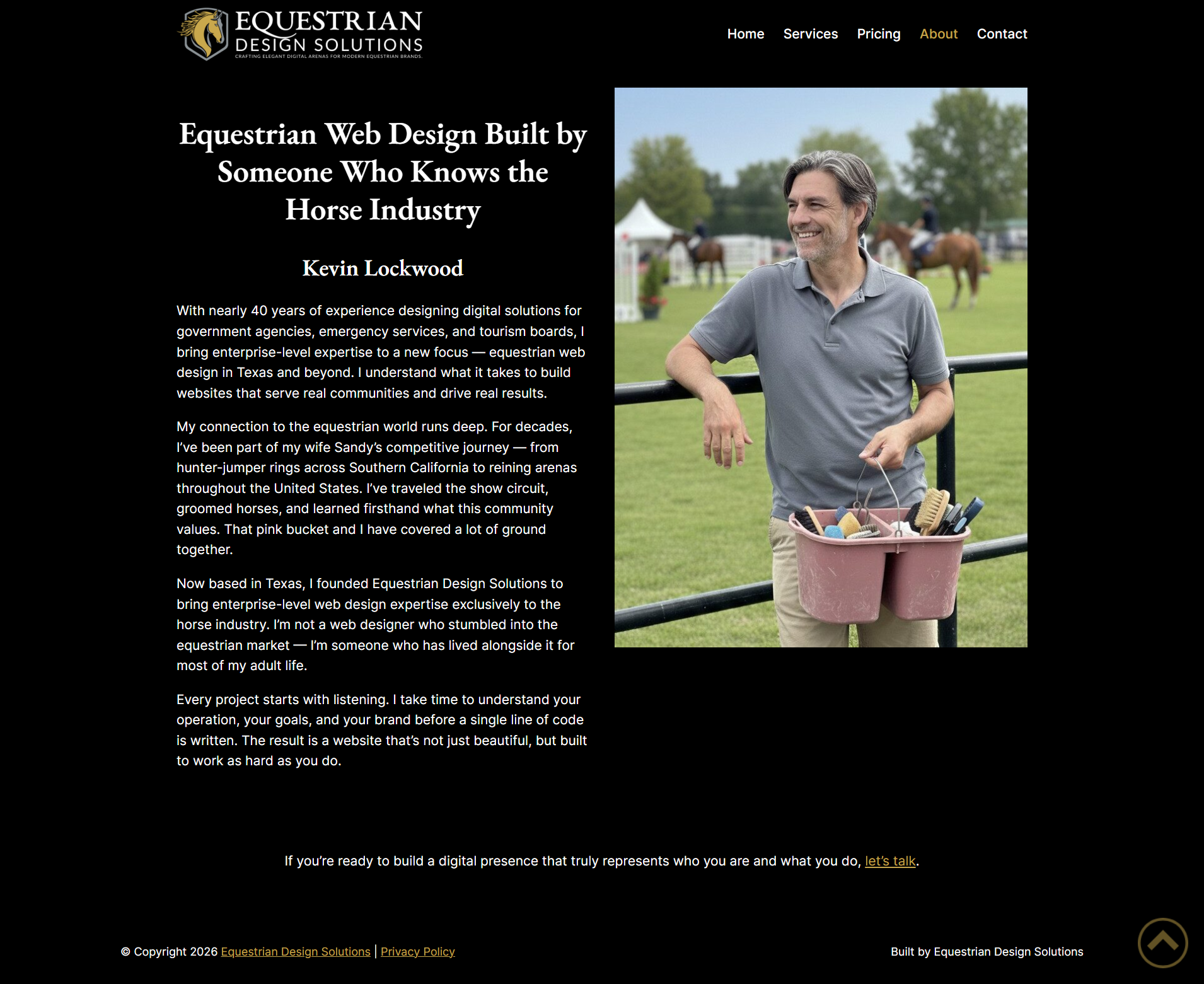 Equestrian Design Solutions about page — designer with pink grooming bucket at a horse show