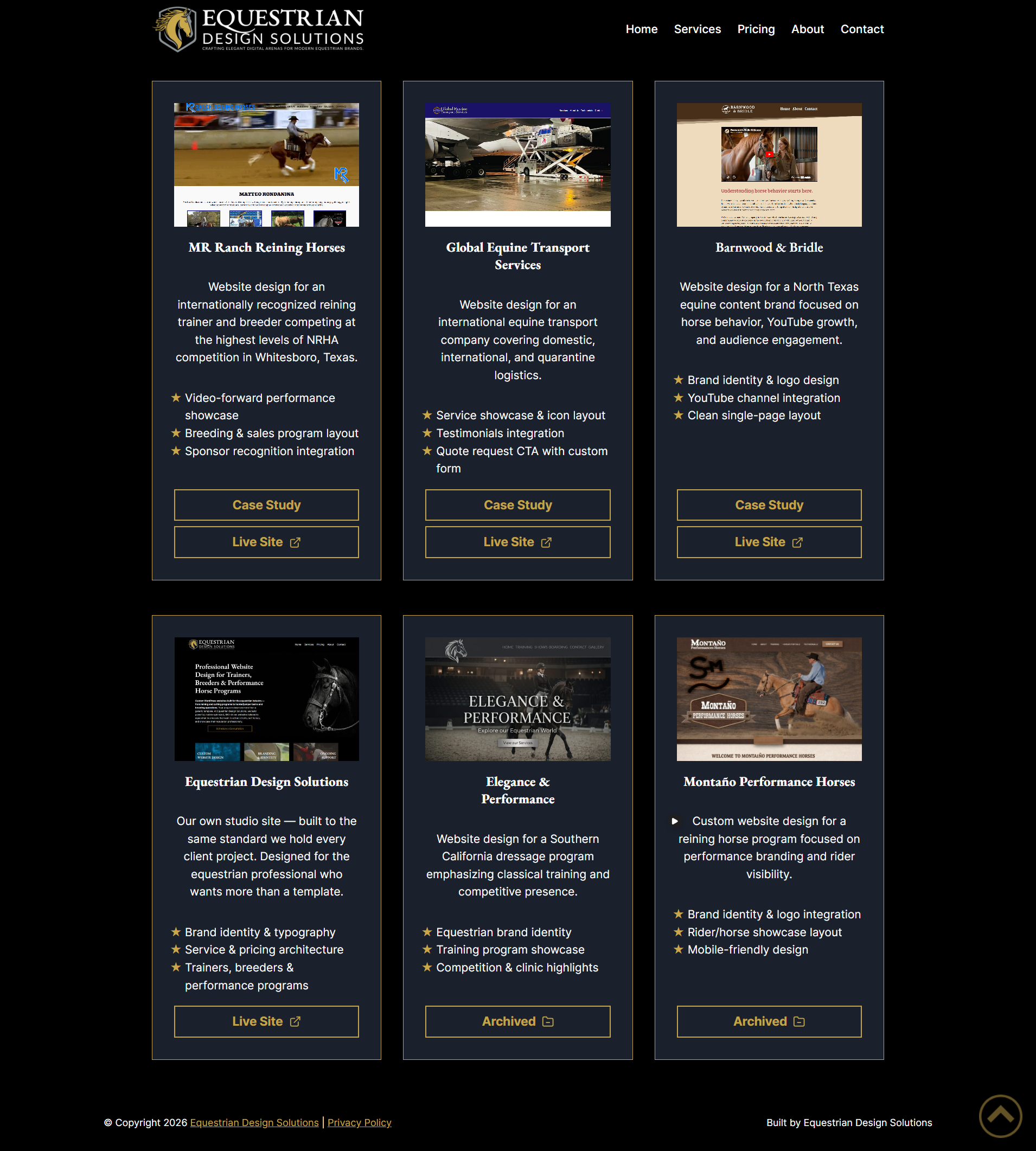 Equestrian Design Solutions portfolio section — equestrian web design case studies and project cards
