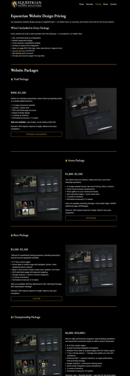 Equestrian Design Solutions pricing packages page with tiered web design packages and AI mockup imagery