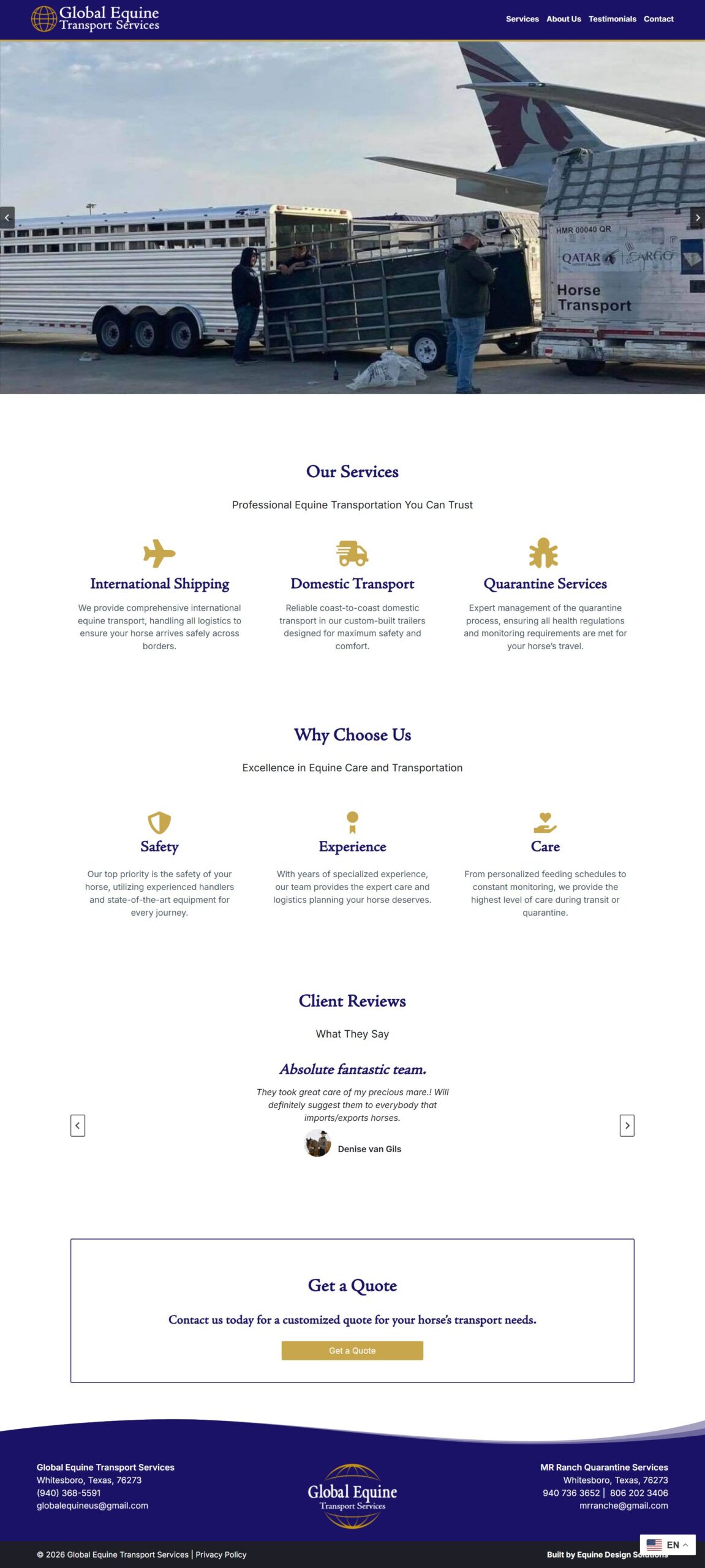 Global Equine Transport Services — complete page layout designed by Equestrian Design Solutions