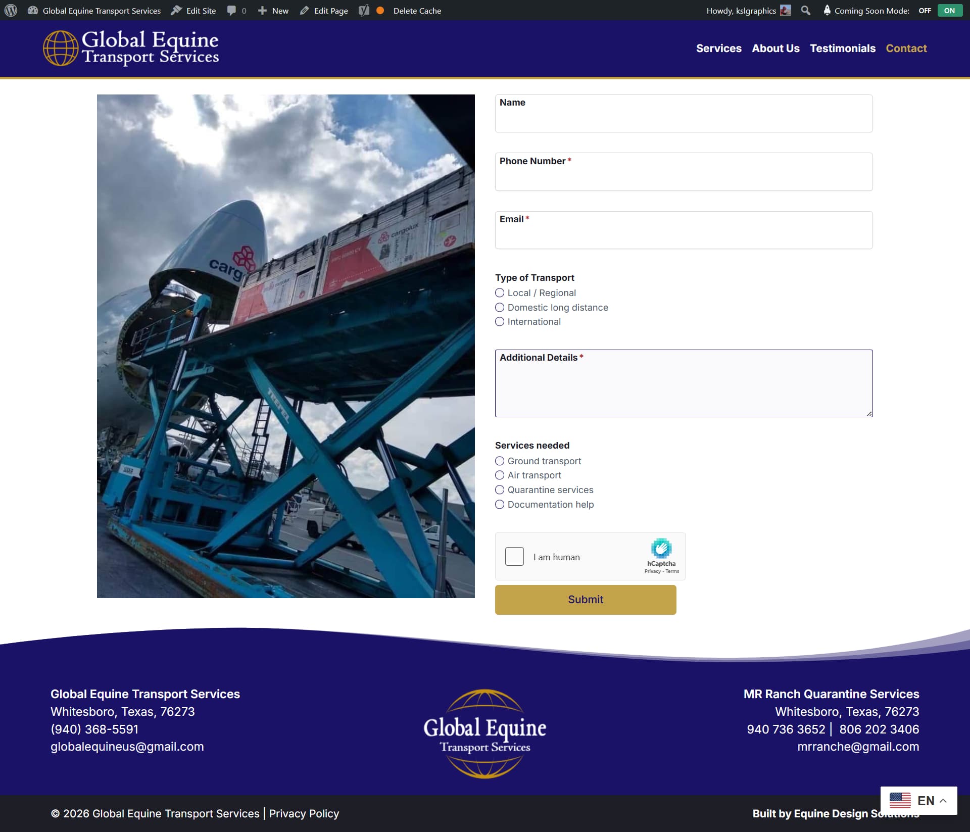Global Equine Transport Services custom quote request form — transport type selection and service options designed by Equestrian Design Solutions